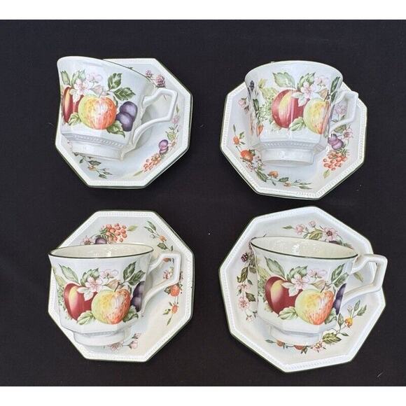 4 Johnson Brothers FRESH FRUIT Pedestal Cup & Octagon Saucer Sets Nice! S1 - Picture 2 of 9